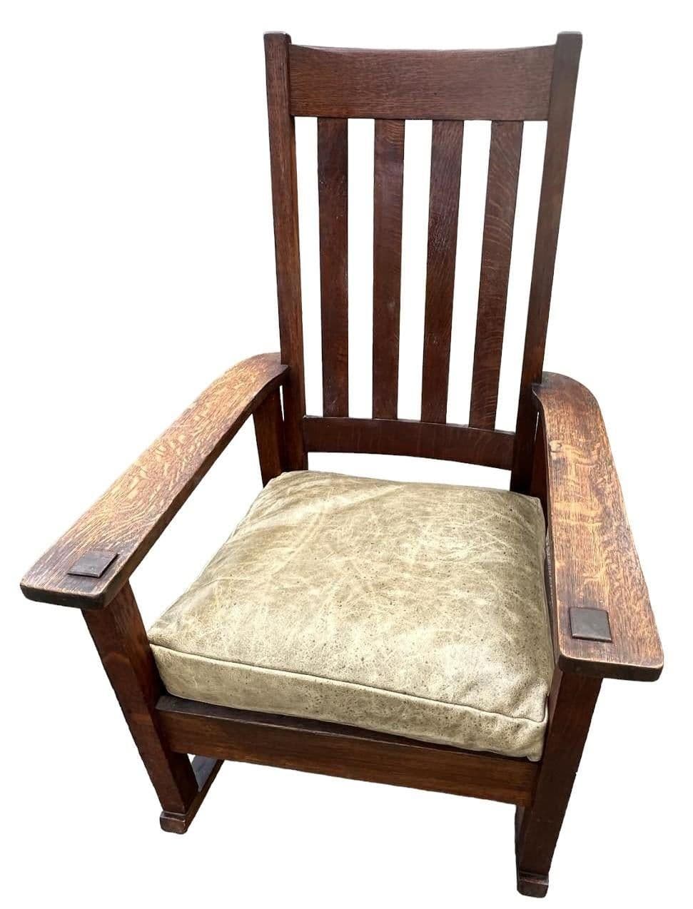 Antique Stickley Brothers Grand Rapids Mission Oak Rocking Chair With New Leather Upholstery - Circa 1900 - Thumbnail 3