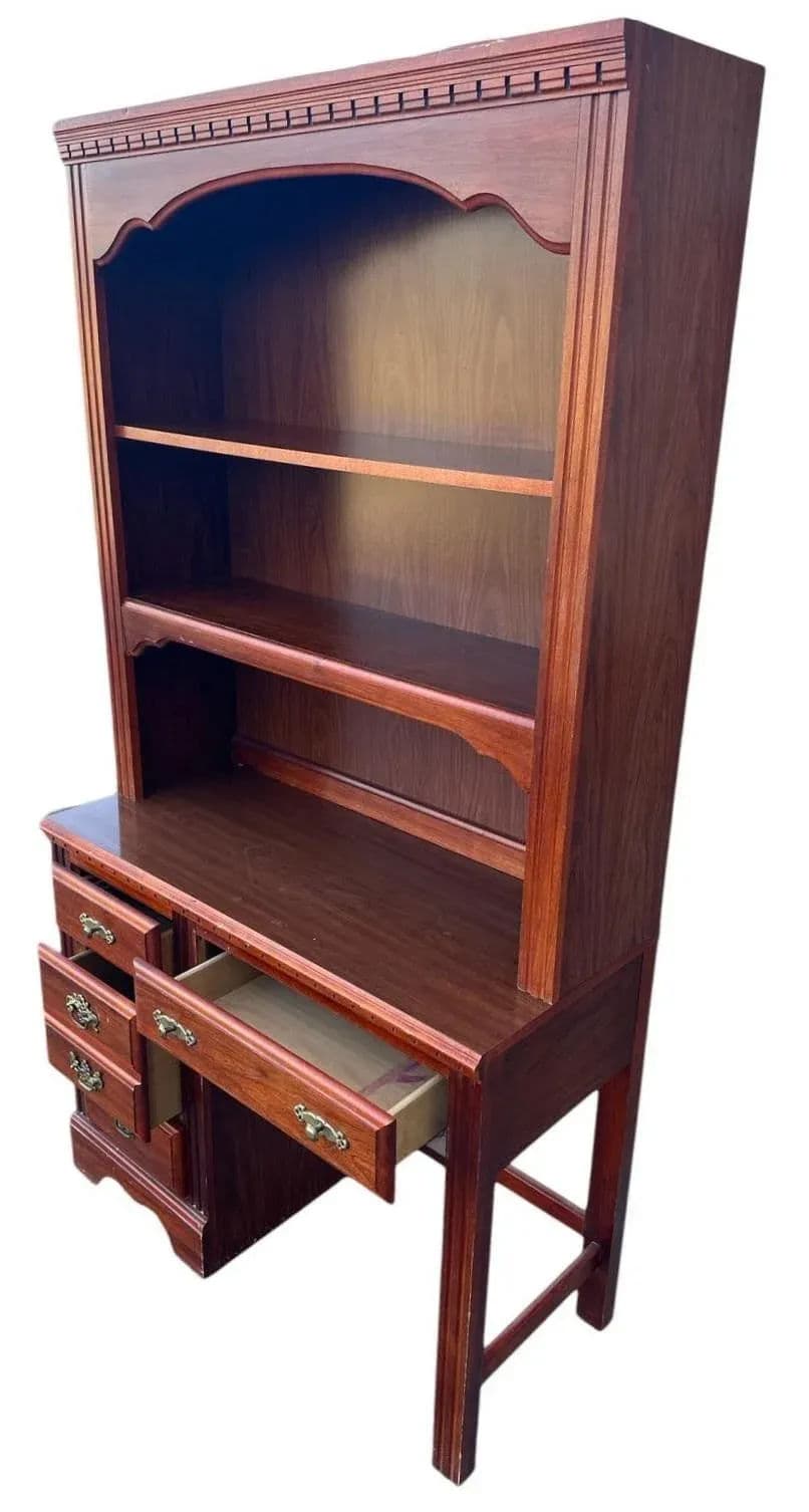 Broyhill Georgian Cherry Wood and Veneer Desk With Bookcase Hutch Made in North Carolina - Late 20th Century - Thumbnail 3