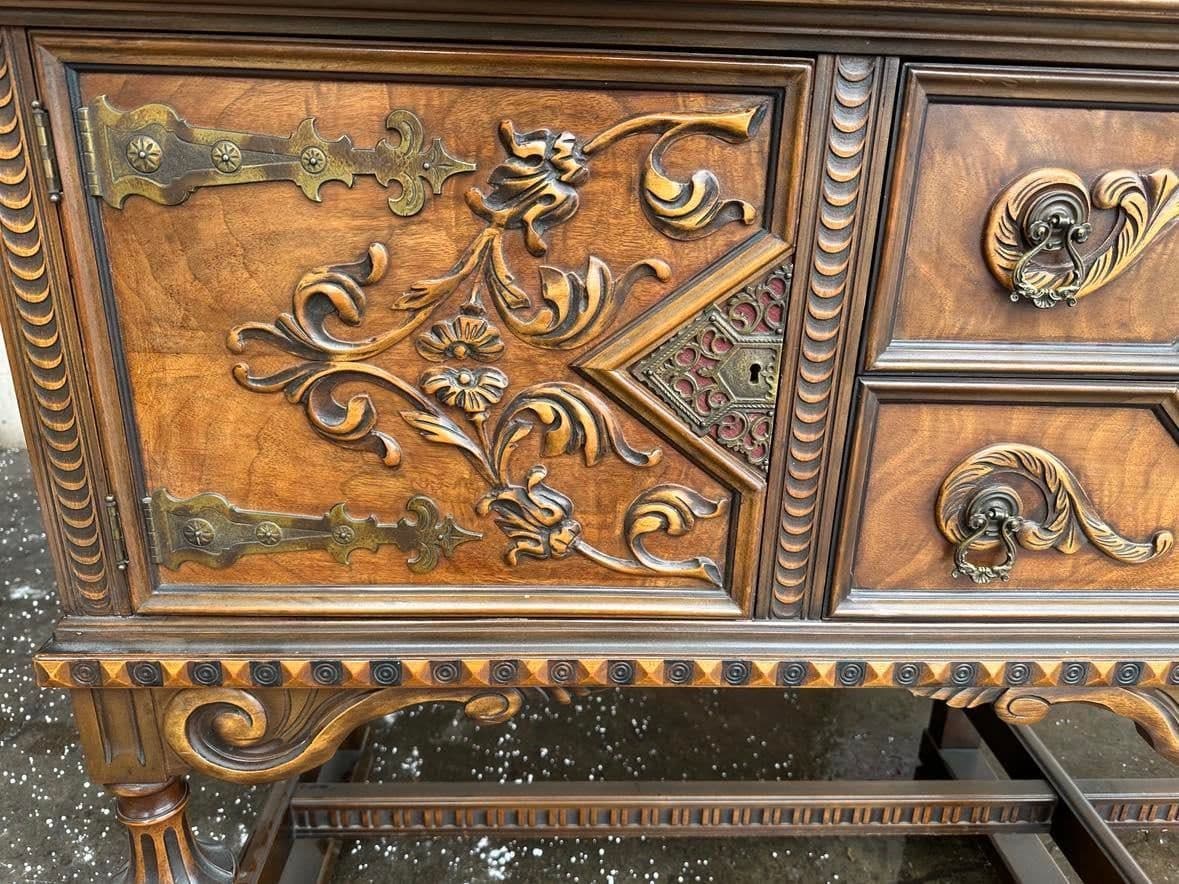 Antique Berkey & Gay Spanish Revival Ornate Walnut and Burlwood 72" Sideboard - Crafted in Grand Rapids Circa 1917 - Thumbnail 3