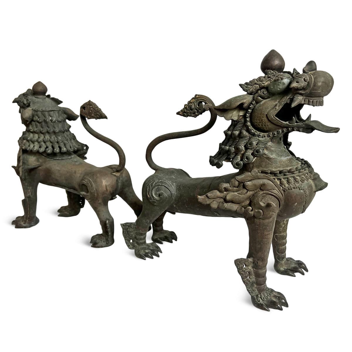 Antique Bronze Thai Singha Temple Lion Pair - Thumbnail 3
