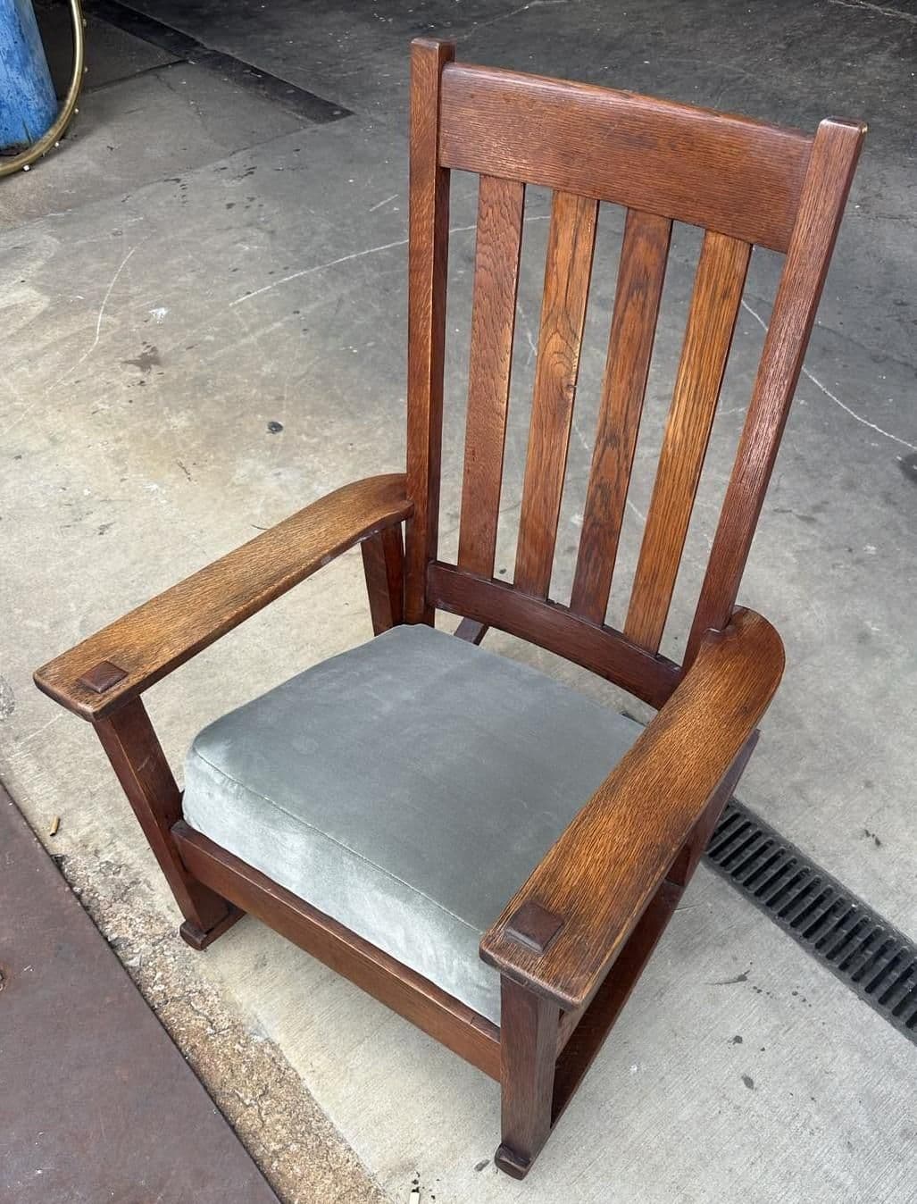 Antique Stickley Brothers Grand Rapids Mission Oak Rocking Chair With New Mohair Upholstery - Circa 1900 - Thumbnail 3