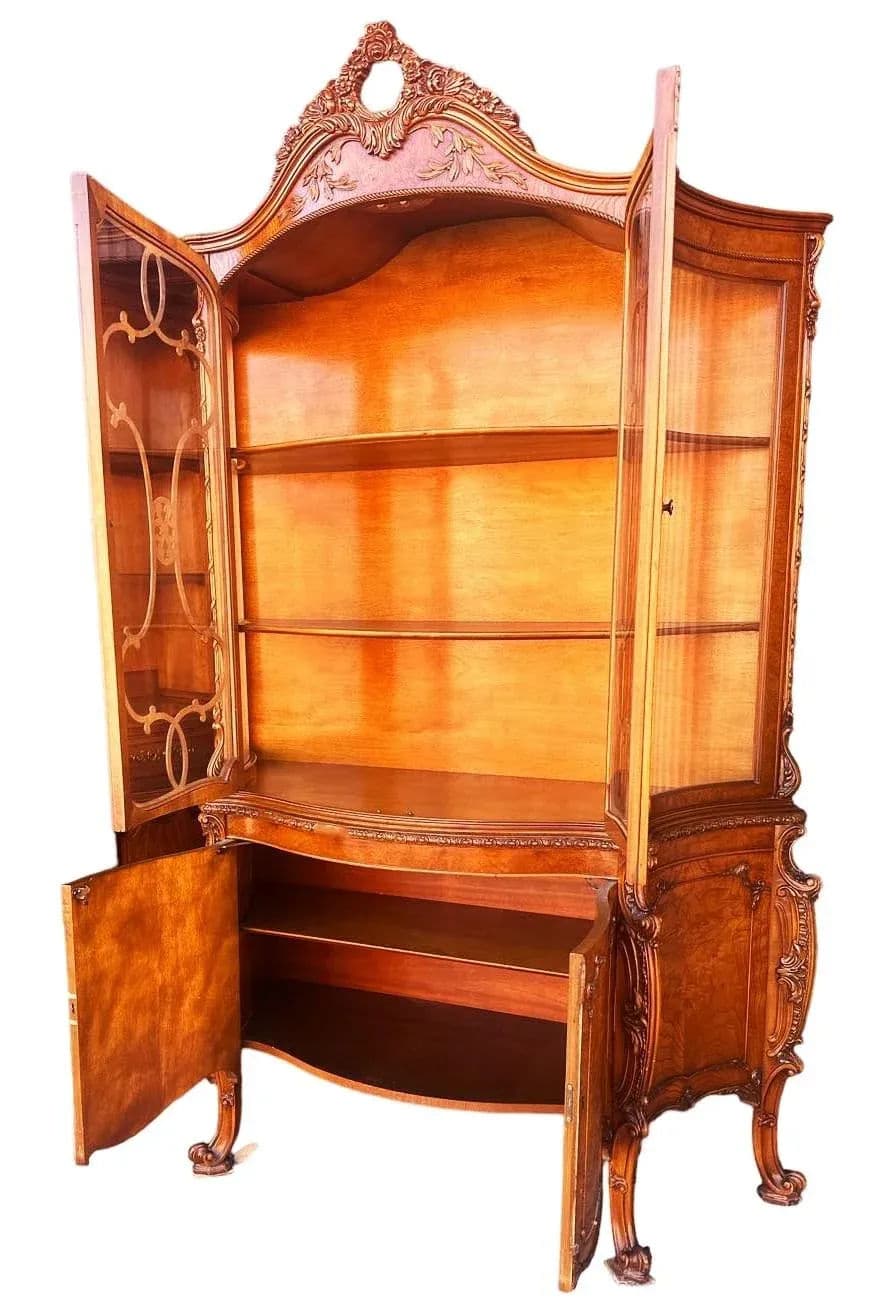 Romweber Louis XV Breakfront China Cabinet in Amber Burlwood - Vintage 1950s - Thumbnail 3