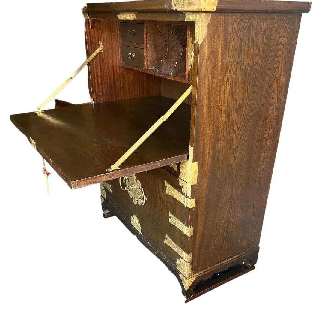 Korean Elmwood and Brass Campaign Style Secretary Desk - Vintage Late 20th Century - Thumbnail 3