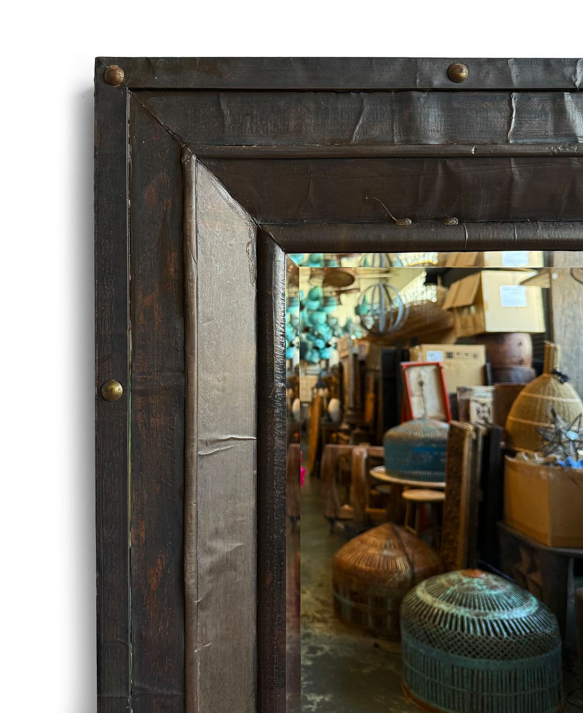 Black Metal Sheet Brass Stud Mirror - Thumbnail 3