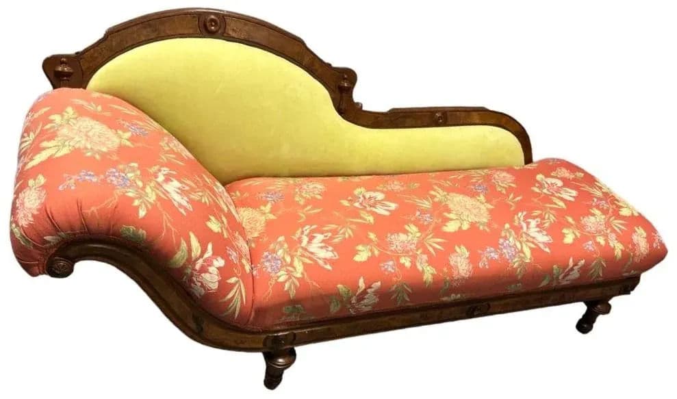 Antique 19th Century Fainting Couch With New Chartreuse Leather and Designer Fabric Upholstery - Thumbnail 3