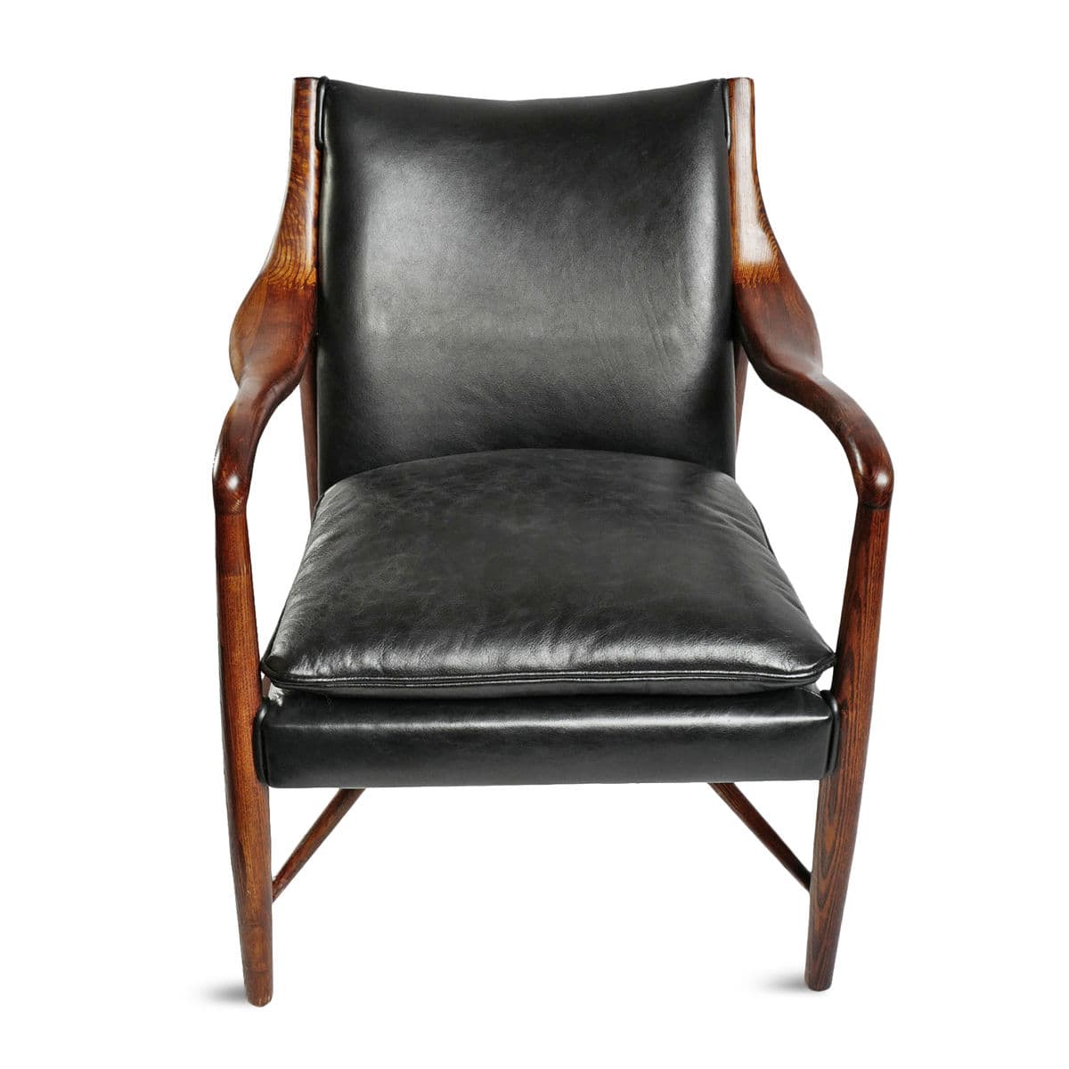 Deco Black Leather & Wood Chair - Thumbnail 3
