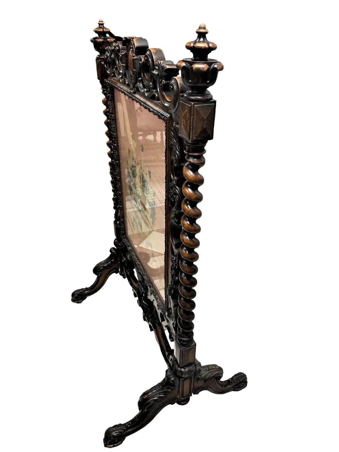 Antique Large Spanish Baroque Style Fire Screen in Carved Walnut and Needlepoint - Late 19th Century - Thumbnail 3