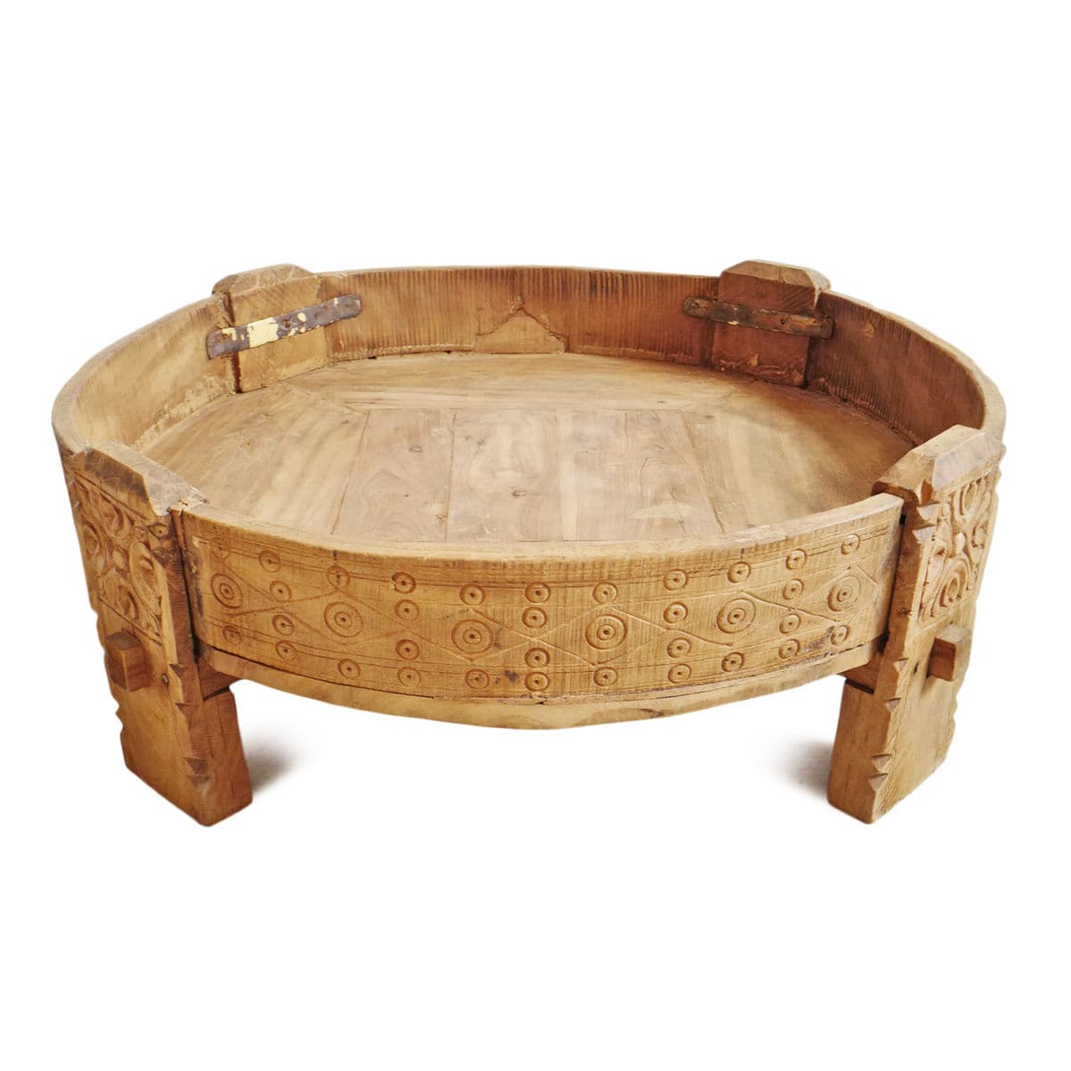 Vintage Chakki Grinder Wood Ottoman - Thumbnail 3