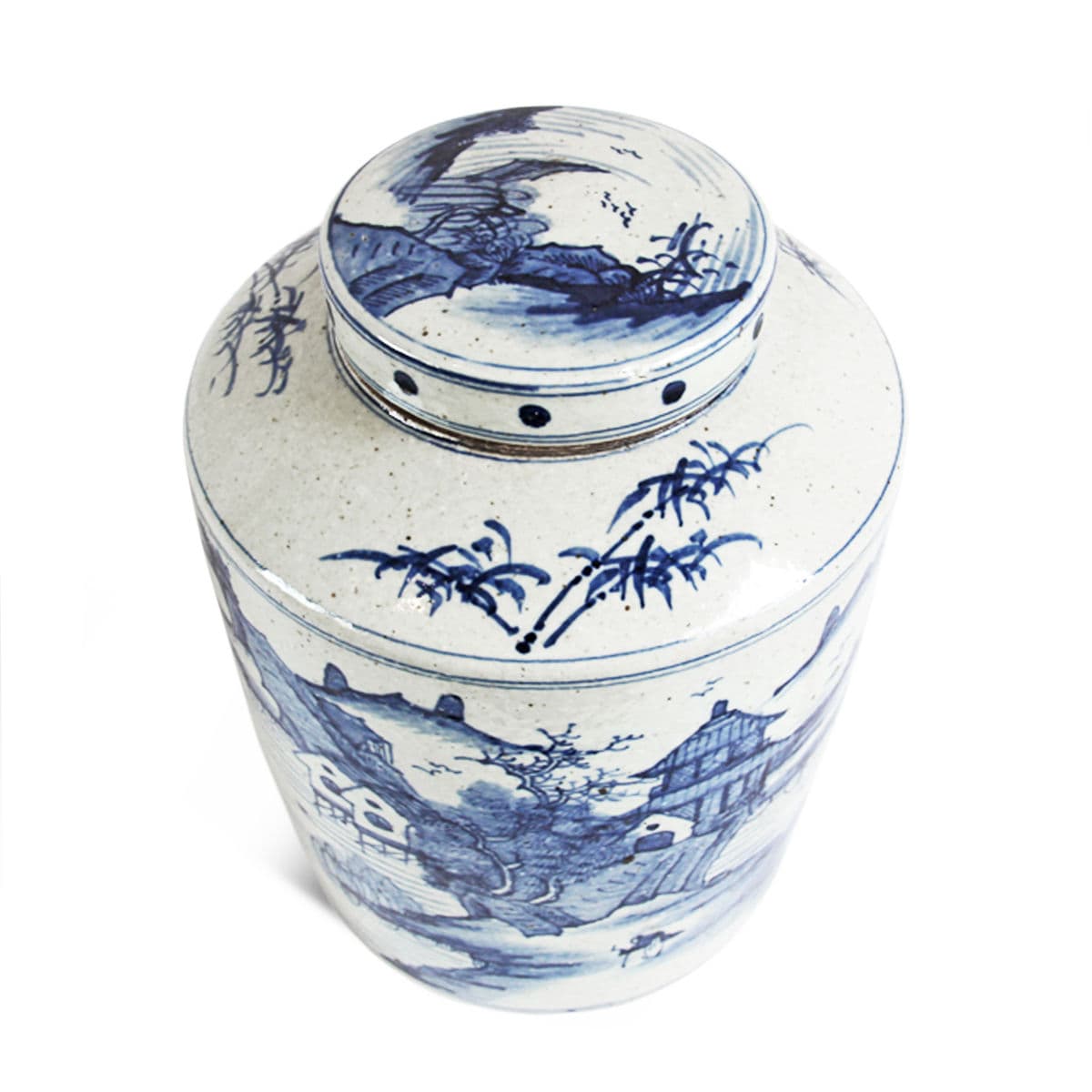 Blue & White Porcelain Village Jar w/Lid - Thumbnail 3
