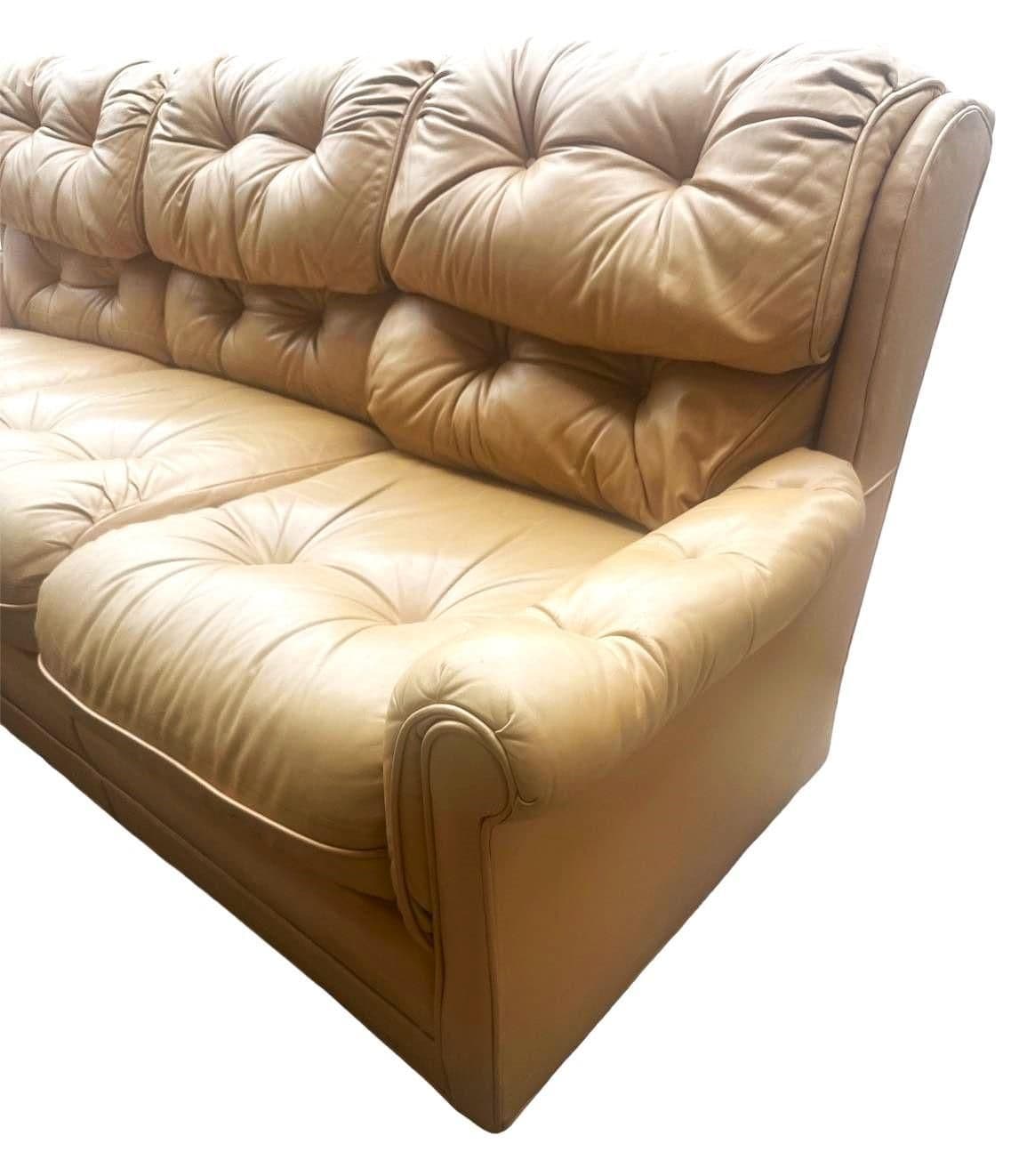 Vintage Leather Tufted Sofa Made in Hickory, North Carolina - Light Tan Color - Late 20th Century - Thumbnail 3