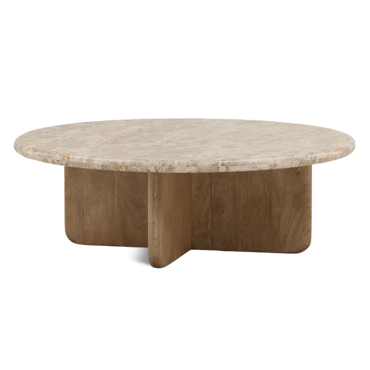 Beige Marble & Wood Round Coffee Table - Thumbnail 3