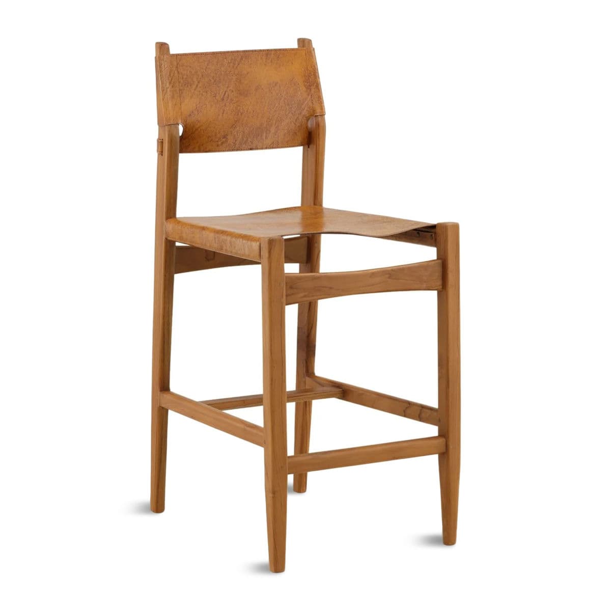 Tan Leather & Teak Counter Stool - Thumbnail 3