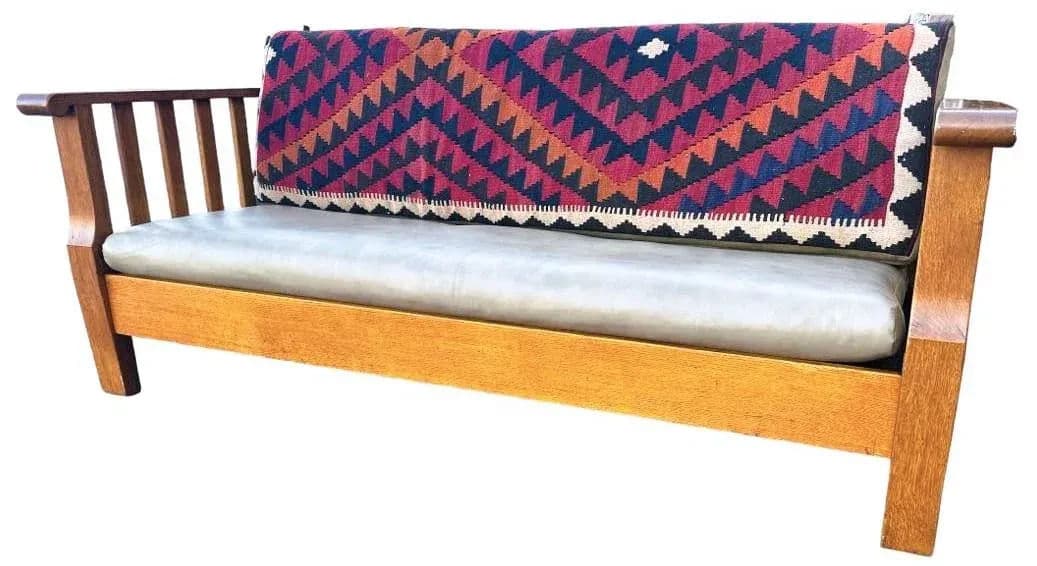 Antique Circa 1910 Oak Arts & Crafts Large 78” Settle With New Leather and Hand Made Persian Kilim Upholstered Cushions - Thumbnail 3