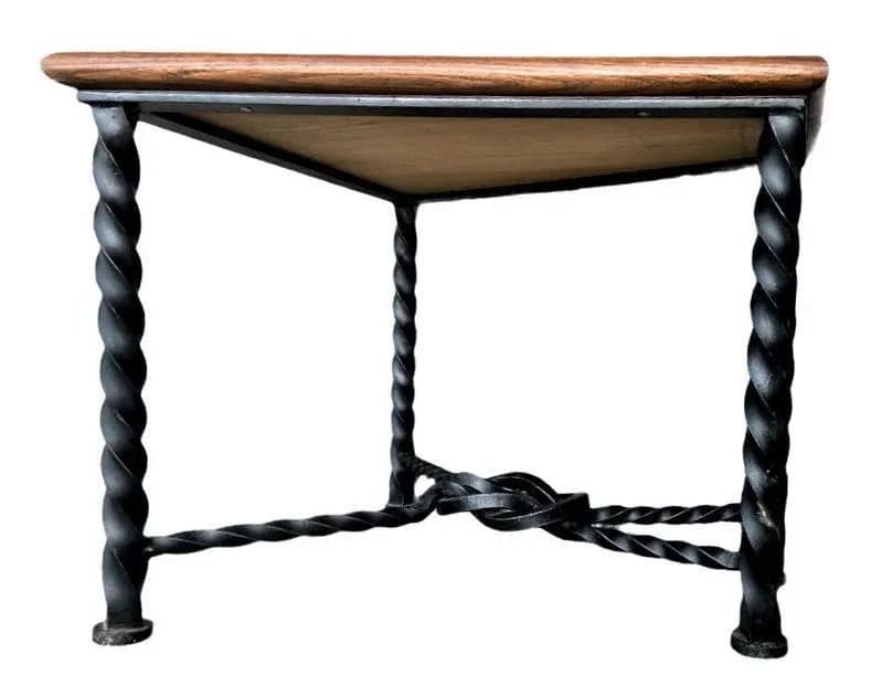 Mid 20th Century Trapezoid Oak and Wrought Iron Side Table - Thumbnail 3