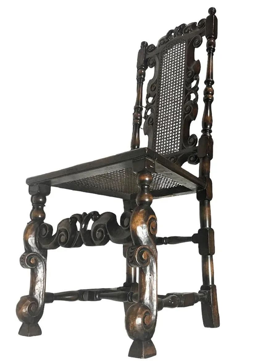 Antique Spanish Hacienda Style Accent Chair in Carved Walnut and Caning - Early 20th Century - Thumbnail 4