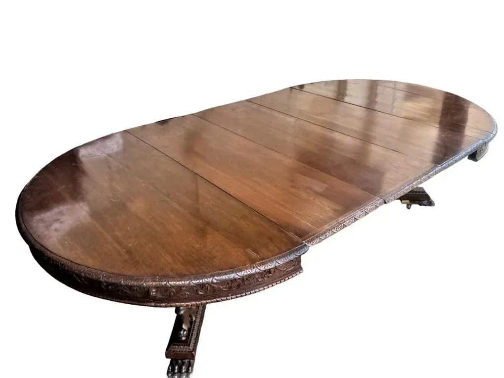 Monumental 10' X 5.5' Renaissance Revival French Walnut Banquet Table With 12 Chairs - Antique Circa Mid 19th Century - Thumbnail 4
