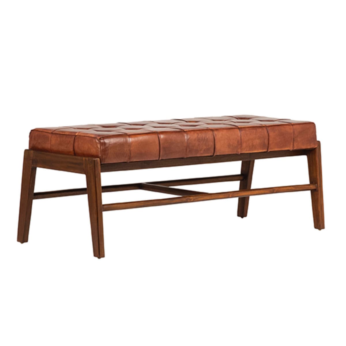 Chestnut Leather & Brown Teak Bench - Thumbnail 4