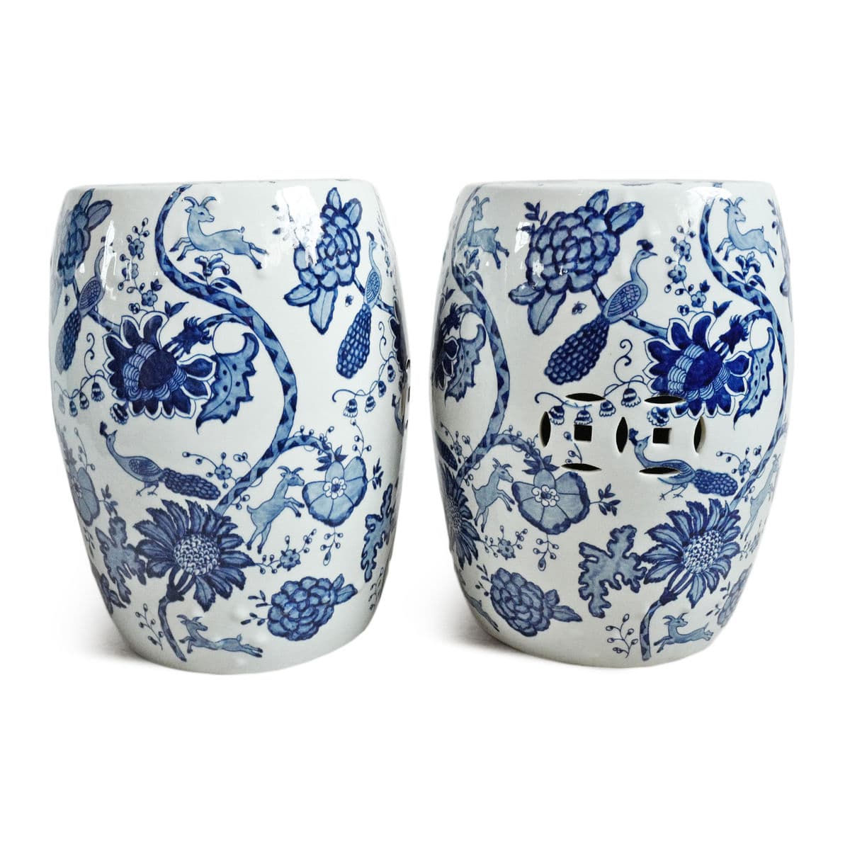 Indigo Blue Floral Bird Ceramic Stool - Thumbnail 4