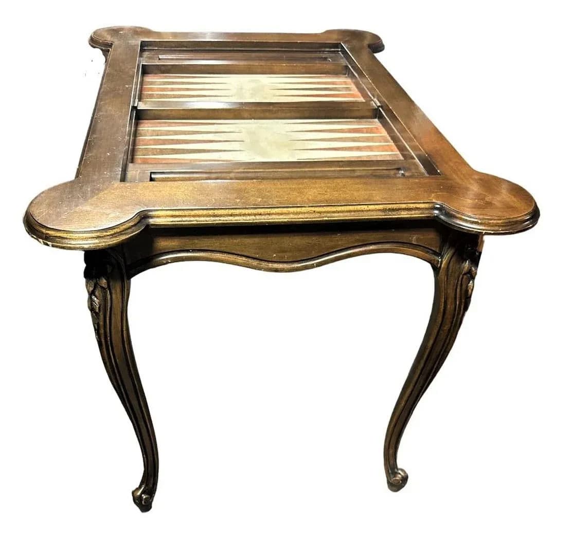Inlaid Leather and Walnut Louis XV Style Backgammon Table - Vintage Late 20th Century - Thumbnail 4