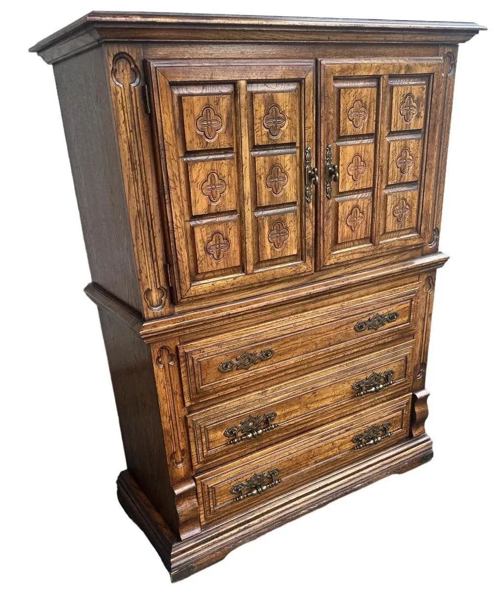 Spanish Revival Oak Armoire or Liquor Cabinet - Vintage Circa 1970s - Thumbnail 4