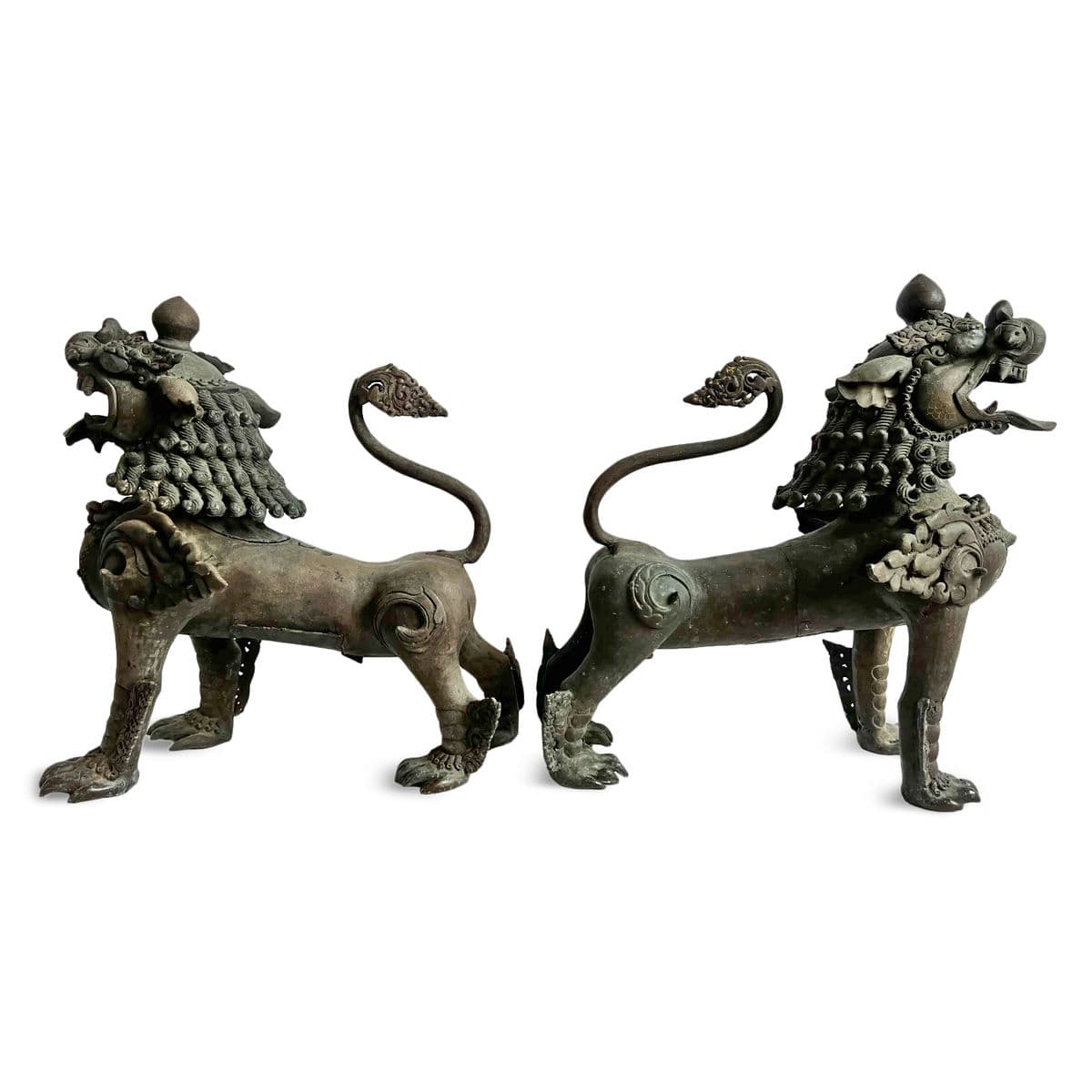 Antique Bronze Thai Singha Temple Lion Pair - Thumbnail 4