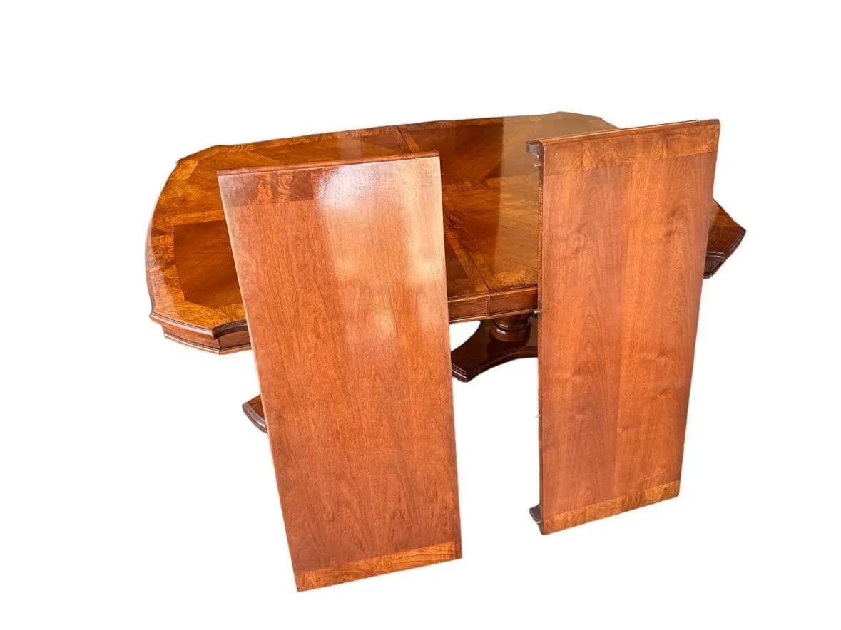 Solid Cherry Wood and Burlwood Double Pedestal Dining Table Expanding to 102" - Vintage Late 20th Century - Thumbnail 4
