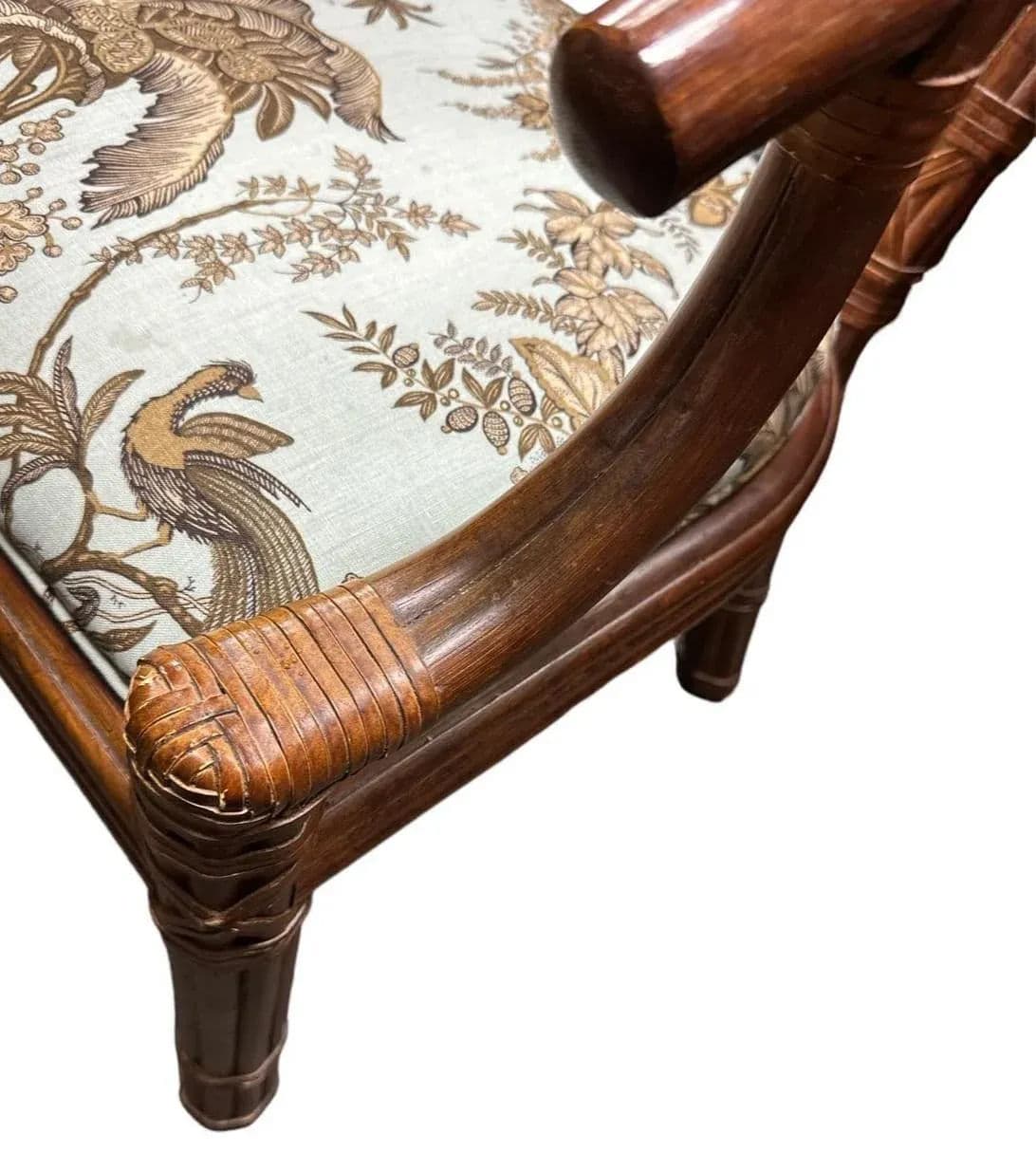 Pair of Vintage Bernhardt Rattan Chairs With New Schumacher Linen ‘Coconut Grove’ Seat Upholstery - Thumbnail 4