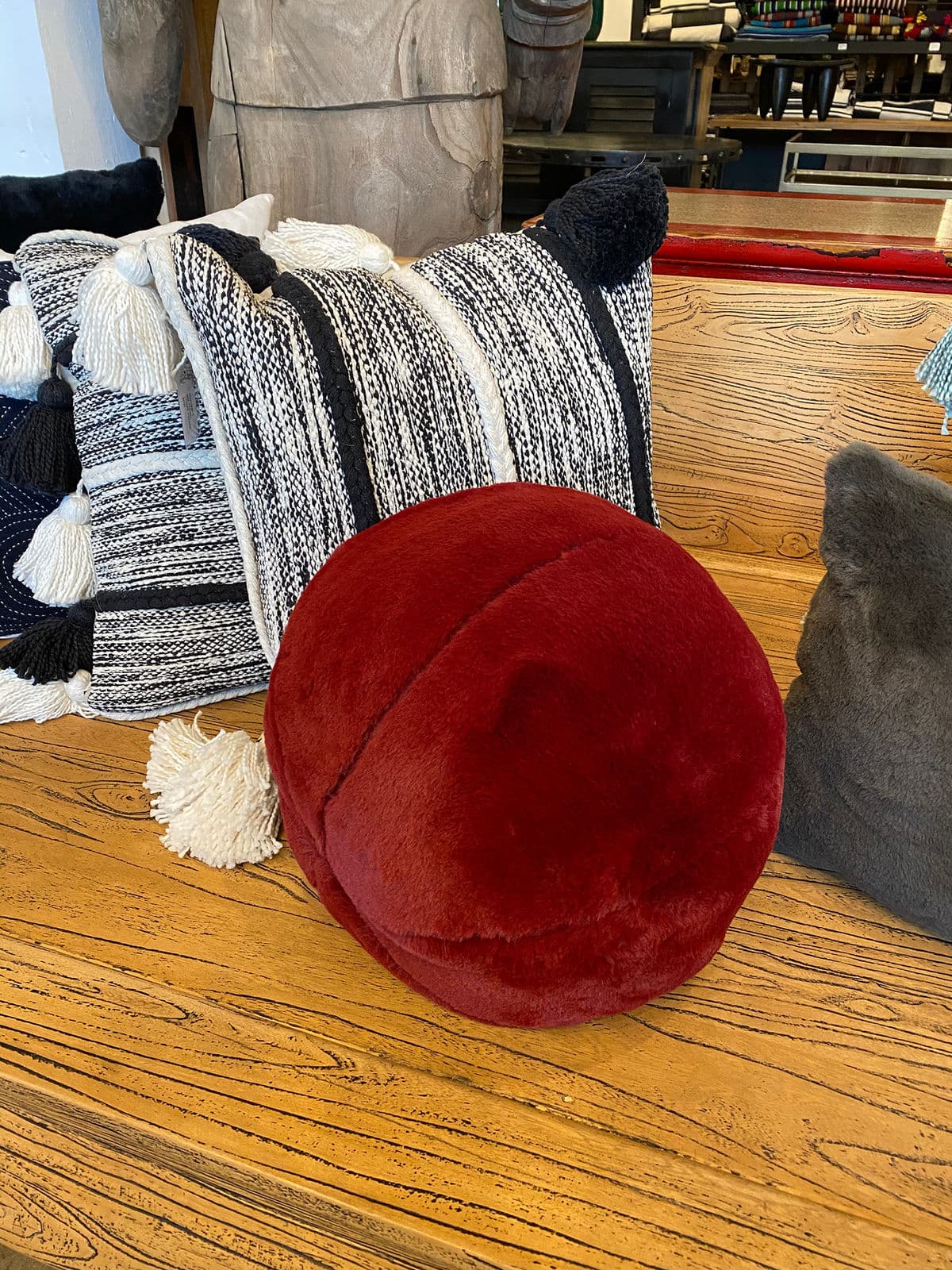 Cranberry Faux Fur Ball Pillow - Thumbnail 4