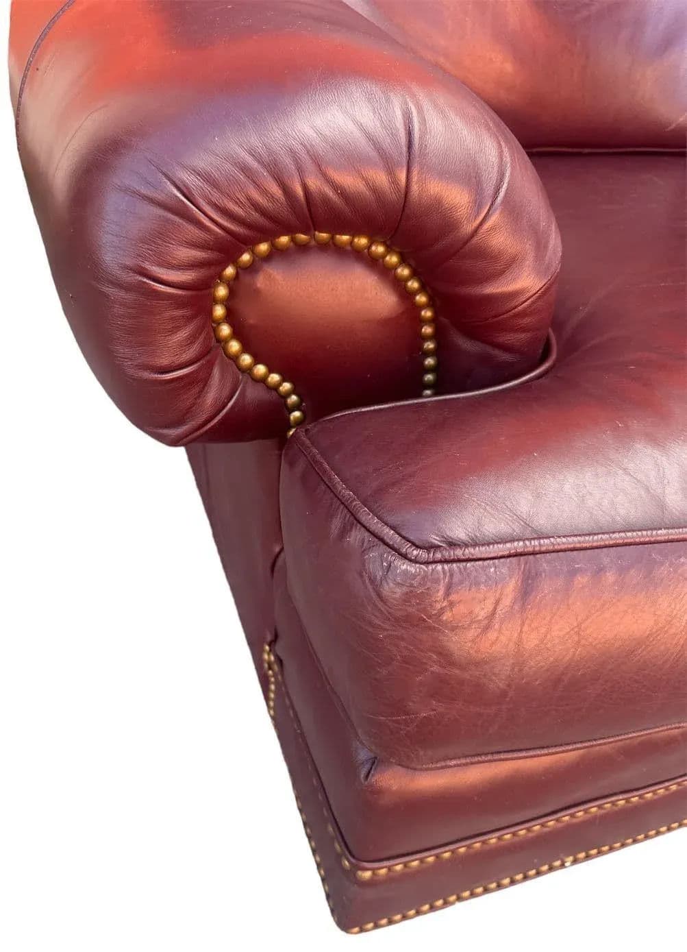 Thomasville Burgundy Leather 92” Sofa With Nail Head Trim - Thumbnail 4