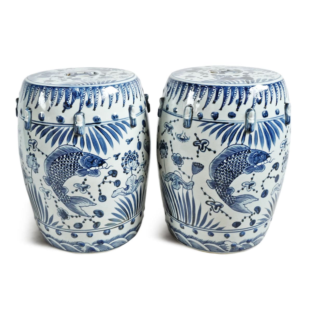 Indigo Blue Fish Floral Ceramic Stool - Thumbnail 4