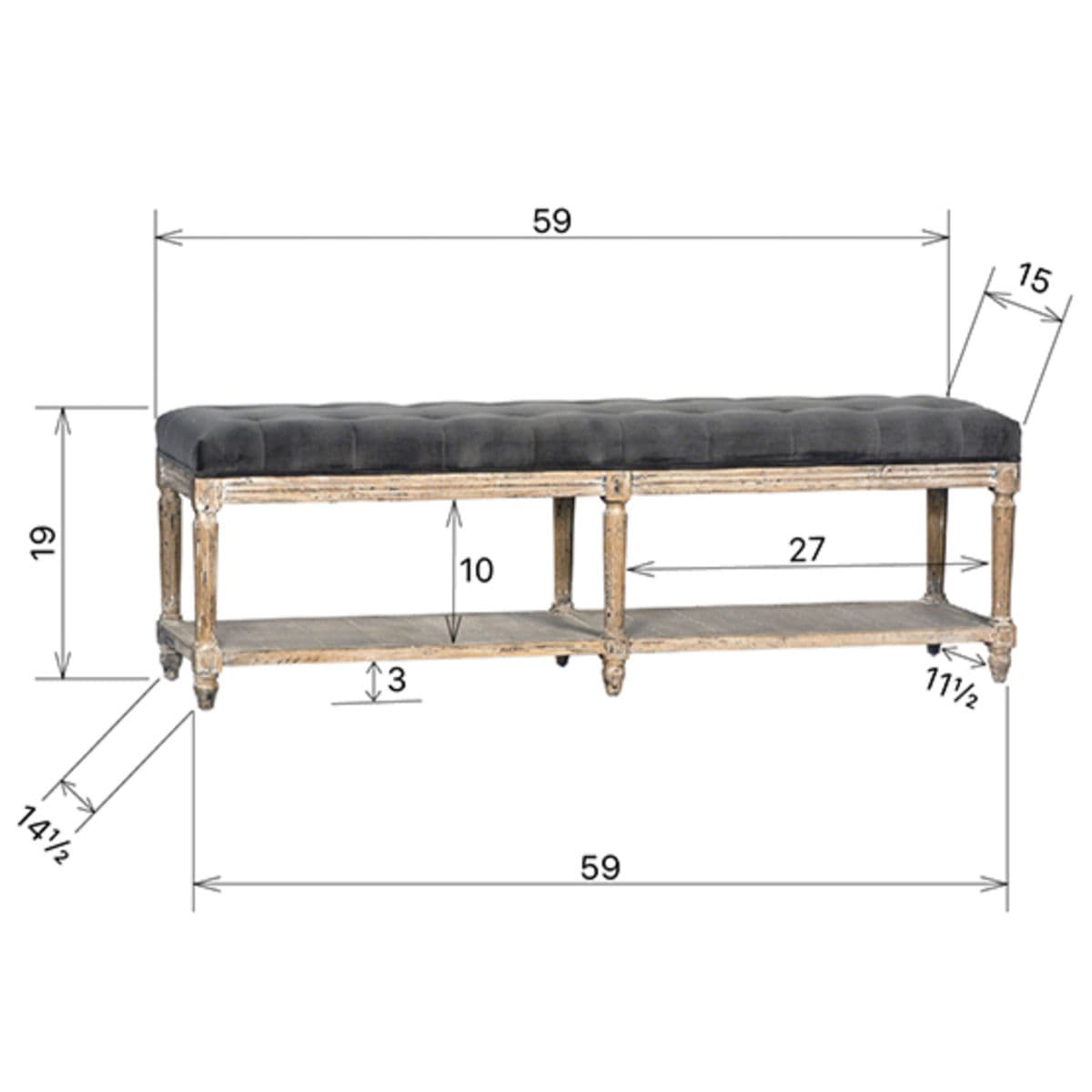 Grey Velvet Tufted Shelf Bench - Thumbnail 4