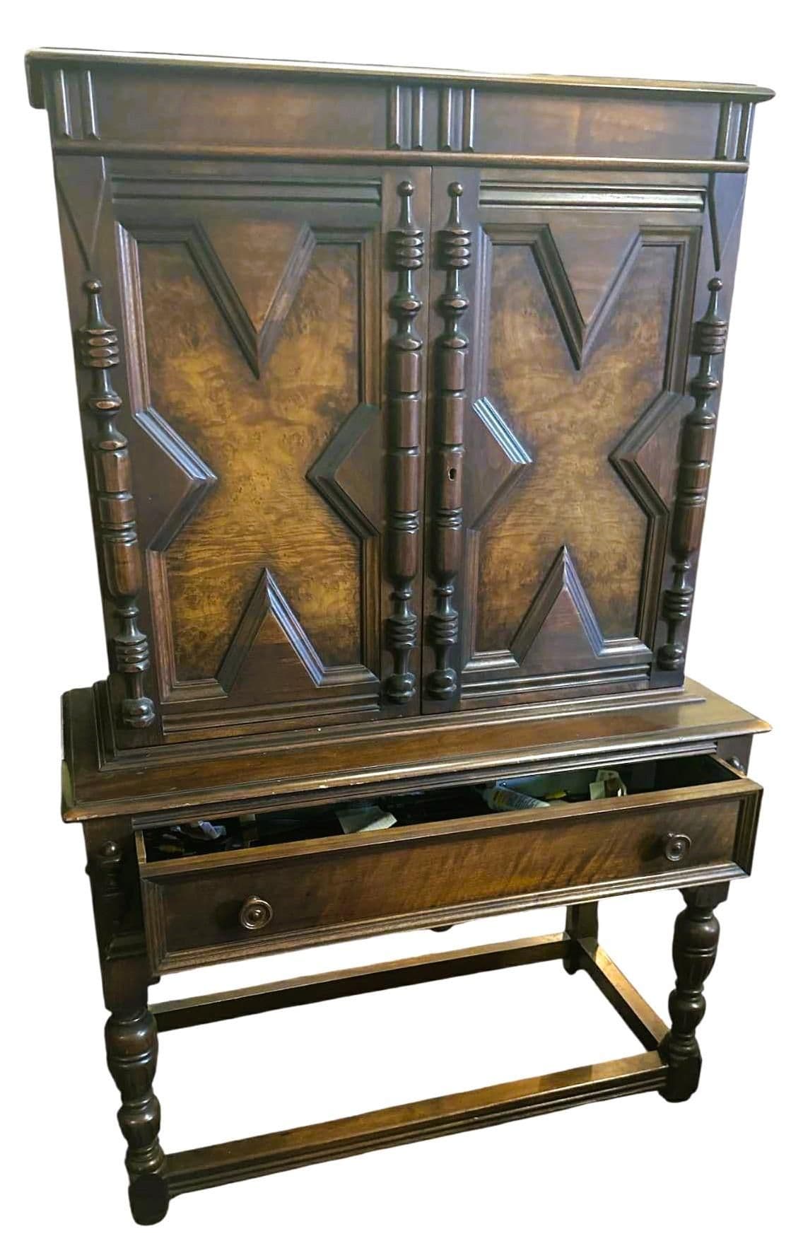 Grand Rapids Antique 1920s Walnut and Burlwood Spanish Revival Liquor Cabinet or Armoire - By Johnson-Handley-Johnson - Thumbnail 4