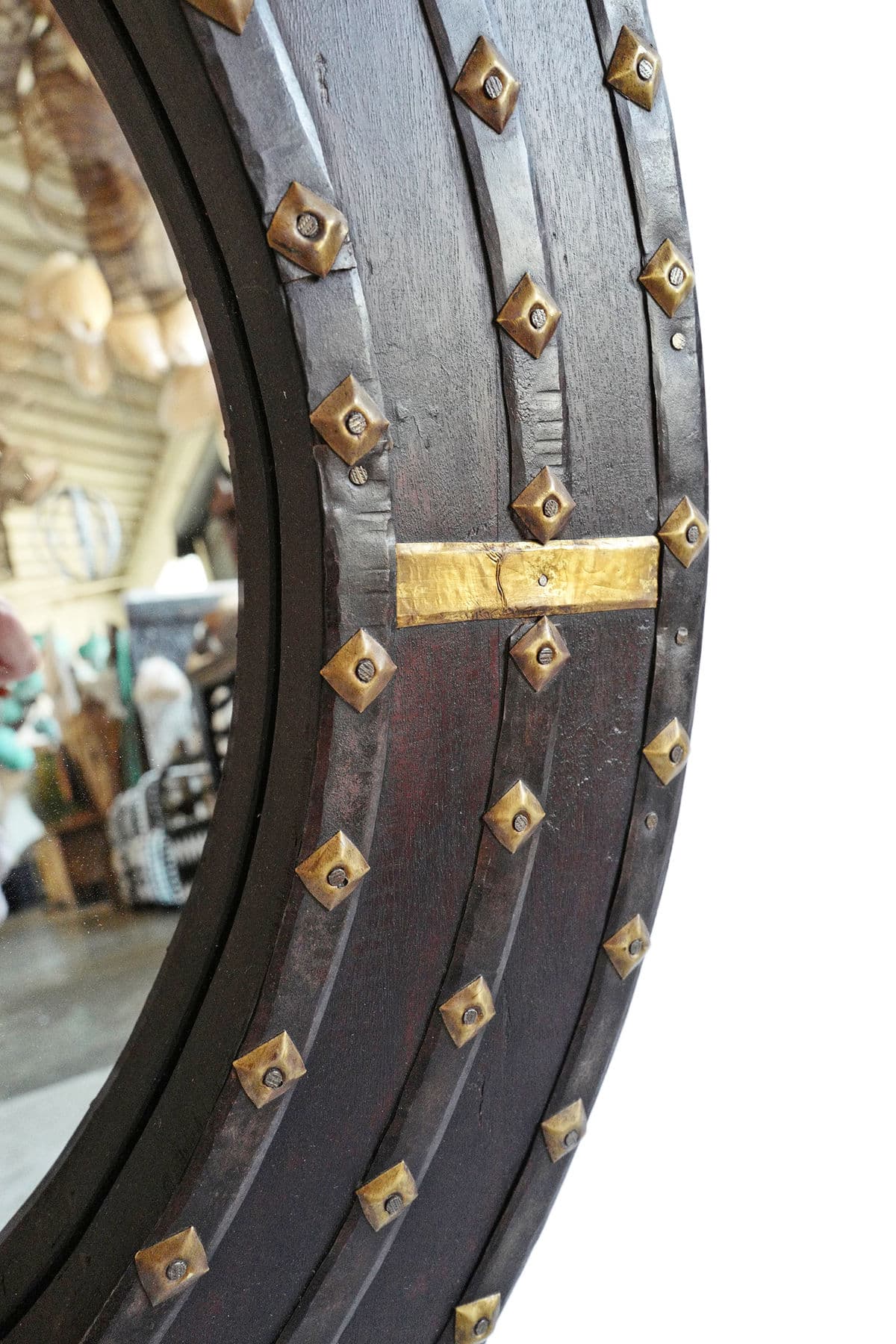 Round Ox Cart Wood & Brass Mirror - Thumbnail 4