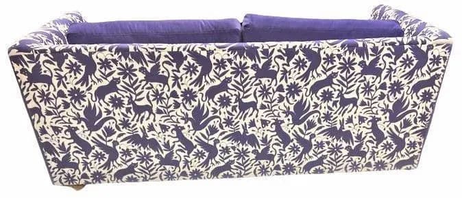 Otomi Print and Velvet Upholstery on Large Mid 20th Century Vintage Hollywood Regency Tuxedo Sofa - Thumbnail 4