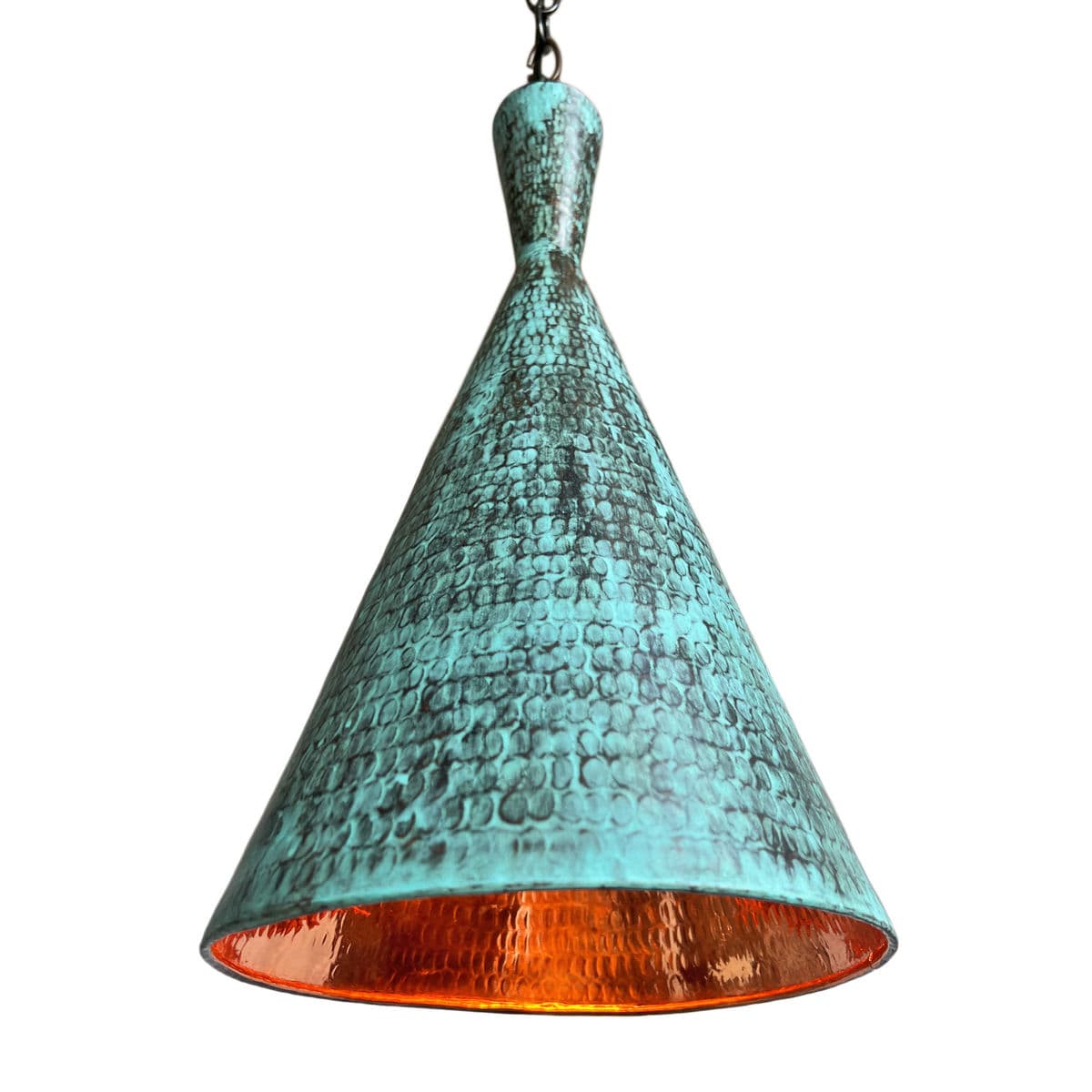 Hammered Copper Cone Verdigris Pendant Light - Thumbnail 4
