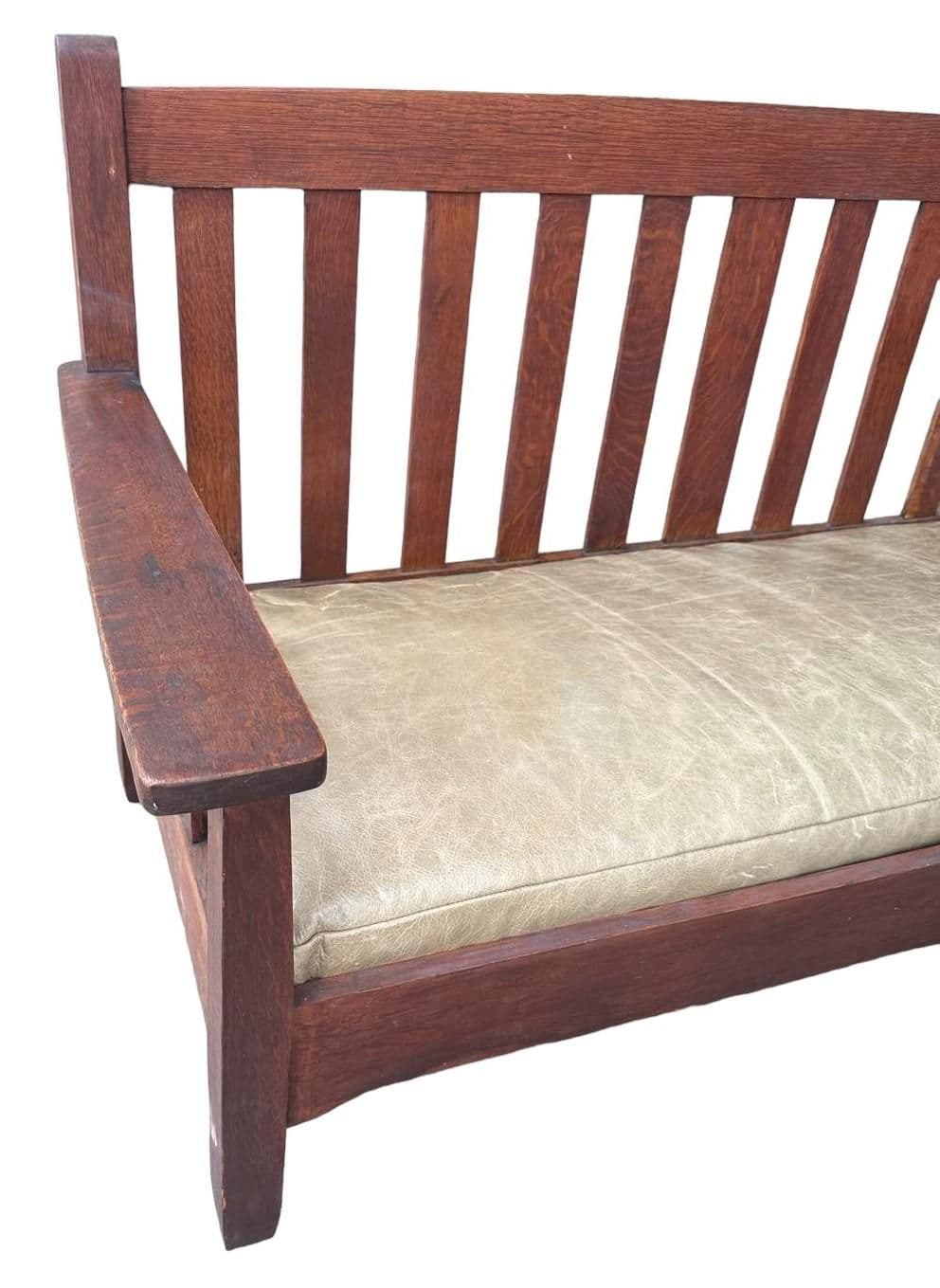 Antique Stickley Brothers Grand Rapids Mission Oak Settee With New Pullup Leather Seat Upholstery - Circa 1900 - Thumbnail 4
