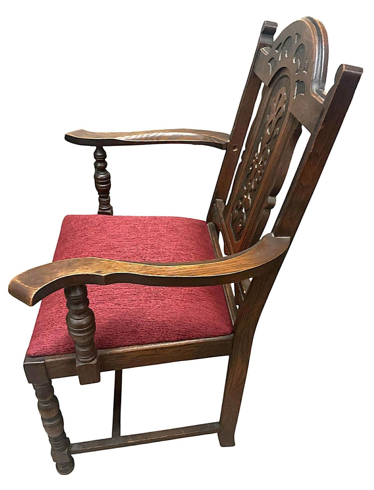 Antique 1920s Spanish Revival Oak Dining Chairs With New Burgundy Seat Upholstery - Set of 6 - Thumbnail 4