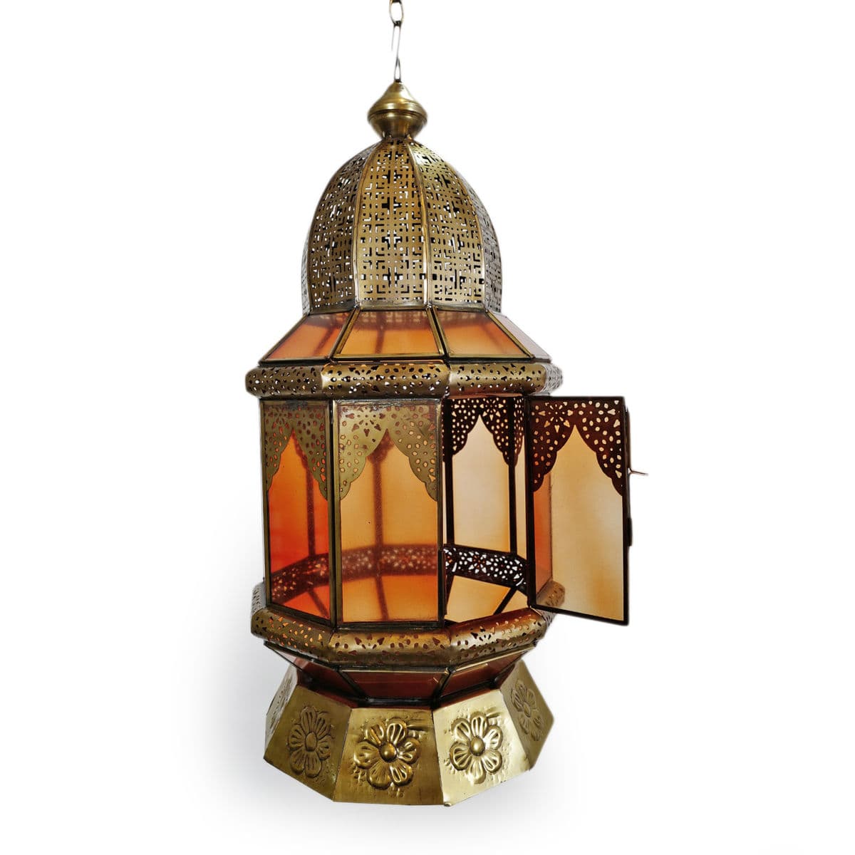Moorish Brass & Orange Glass Lantern - Thumbnail 4
