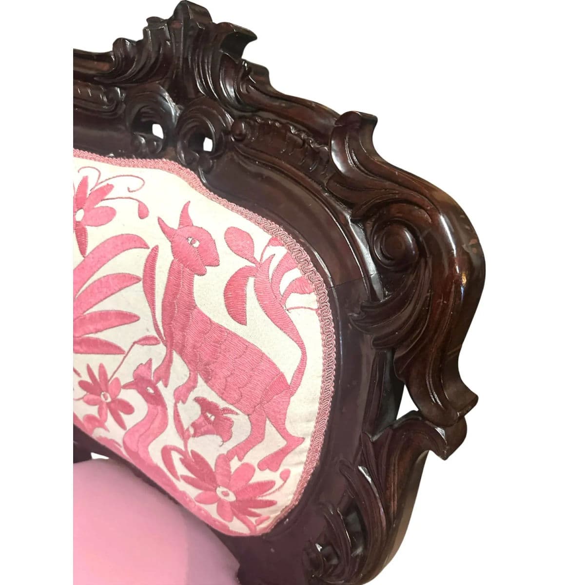 ‘Empress Carlota’ Mahogany Fauteuil - Circa 1860s With New Leather and Otomi Hand Embroidery Upholstery - Thumbnail 4