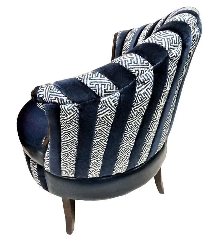 Mid 20th Century Round Accent Chair Reupholstered With Blue Velvet and Greek Key Fabric - Thumbnail 4
