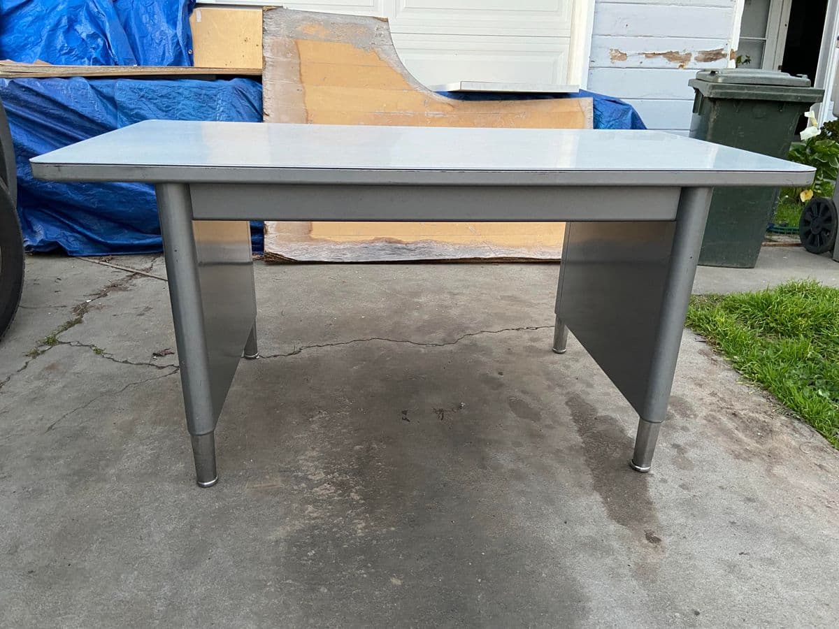 1970s Steelcase Style Vintage Mid Century Modern Metal Tanker Desk Table - Thumbnail 3