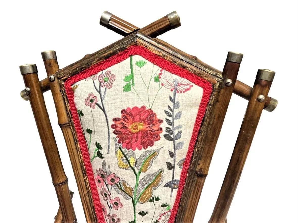 Antique Anglo-Indian Bamboo Campaign Chair With New Leather and Embroidered Upholstery - Late 19th Century - Thumbnail 4