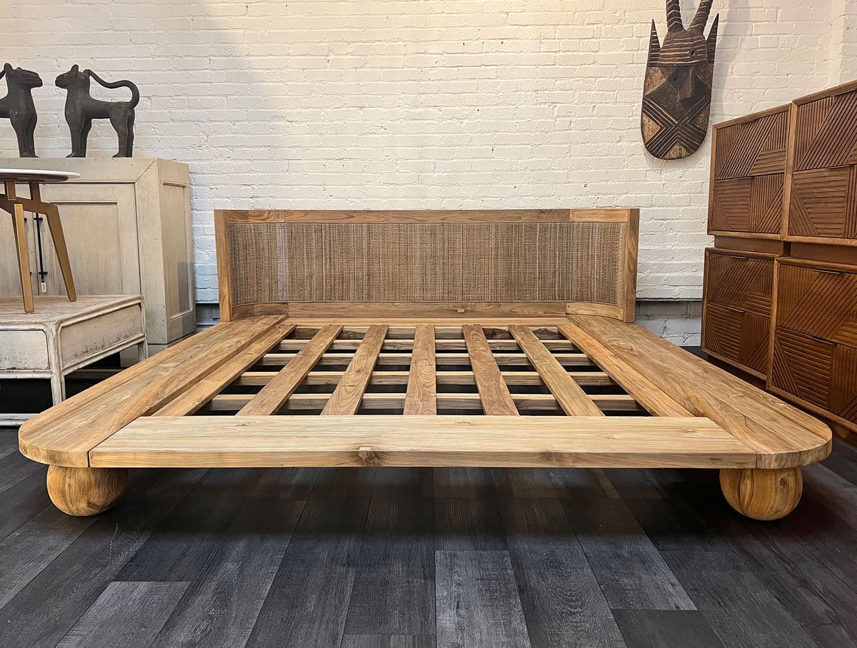 Modern Teak & Rattan Platform Queen Bed - Thumbnail 4
