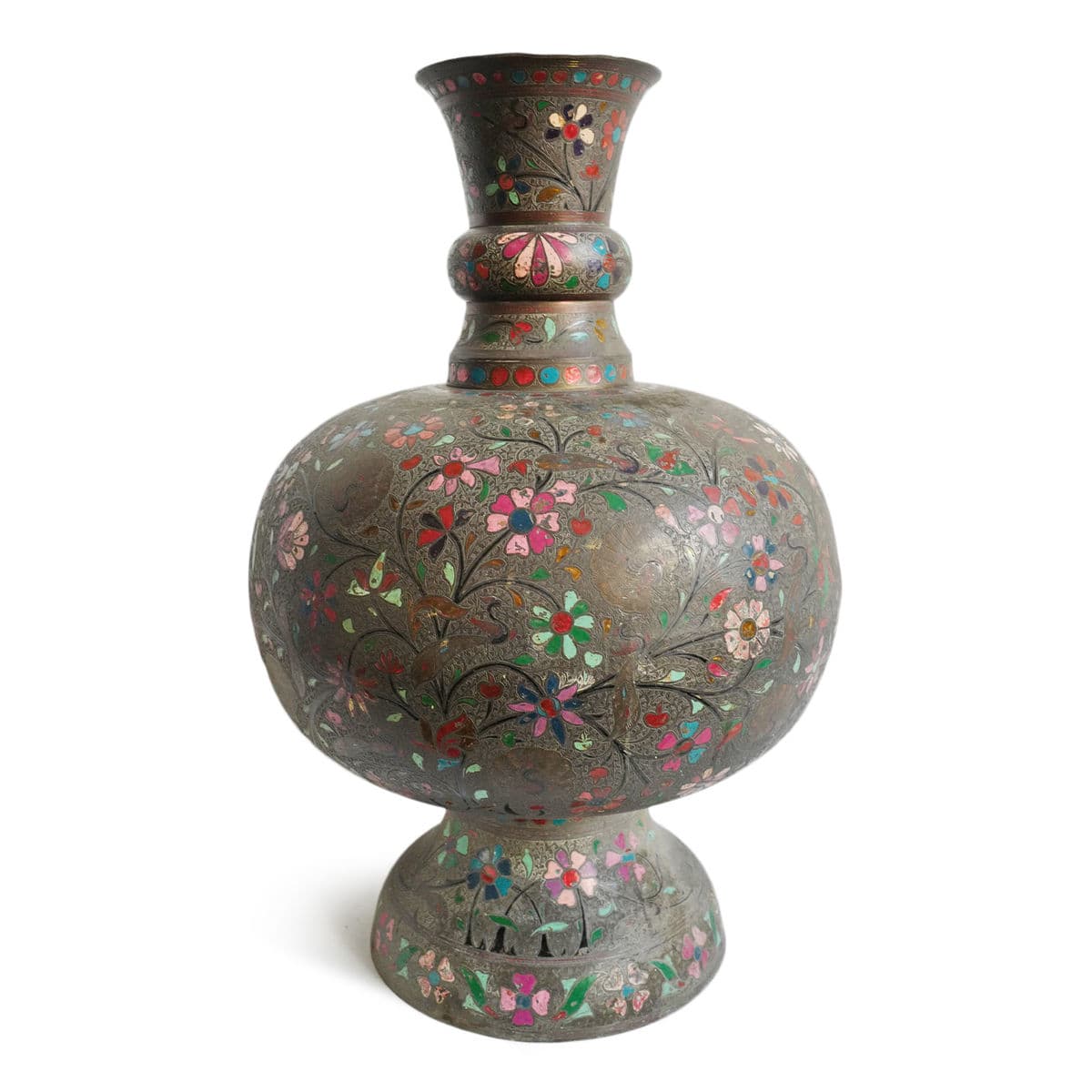 Antique Rajasthan Bronze Engraved Enamel Work Vase - Thumbnail 4