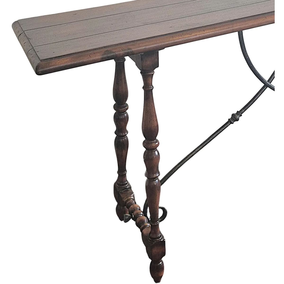 Spanish 60" Console Table With Scrolling Iron Stretcher and Vasiform Legs - Early 20th Century - Thumbnail 4