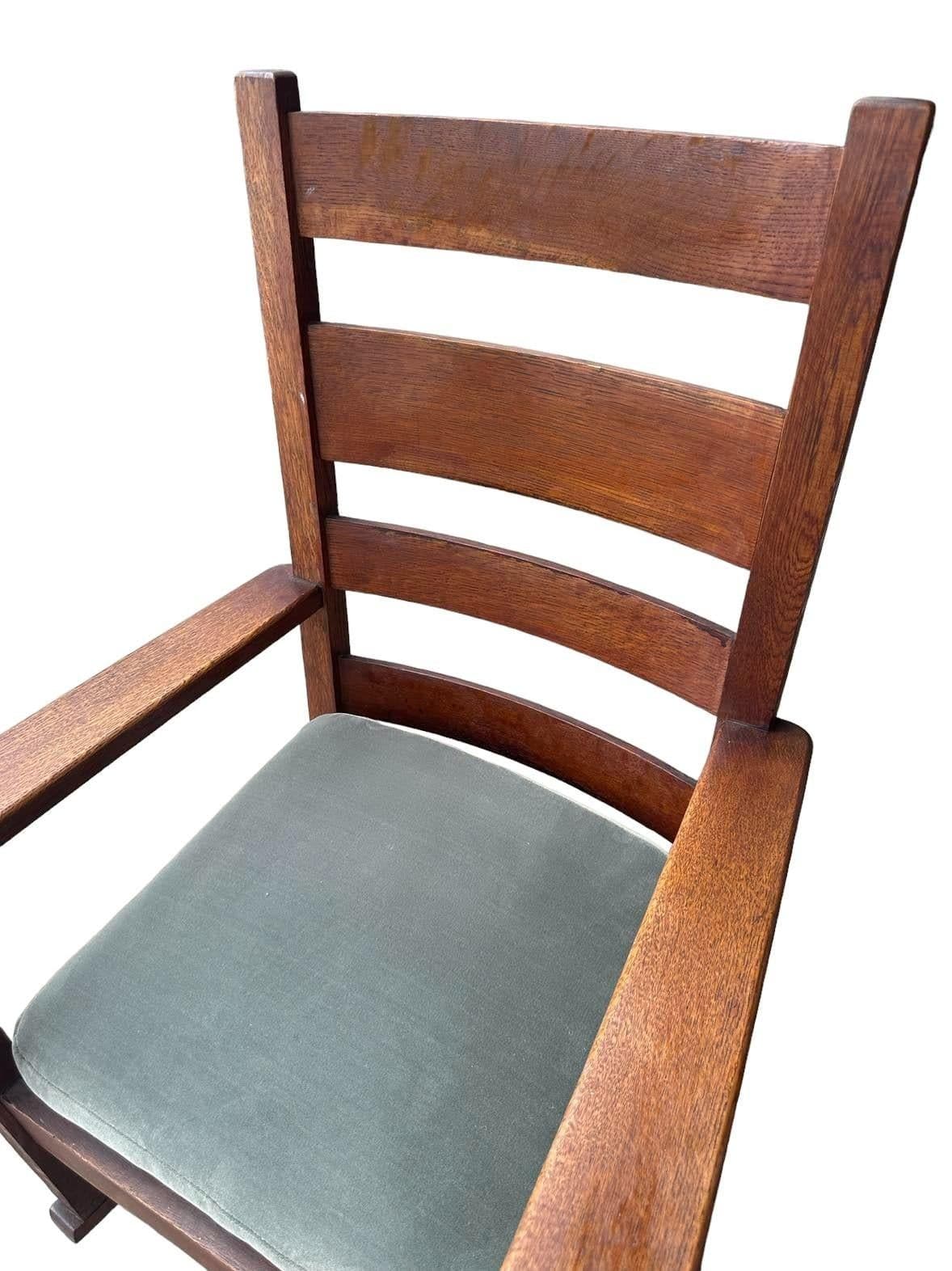 Antique Stickley Grand Rapids Quaint Furniture Mission Oak Rocking Chair With New Mohair Seat Upholstery - Thumbnail 4