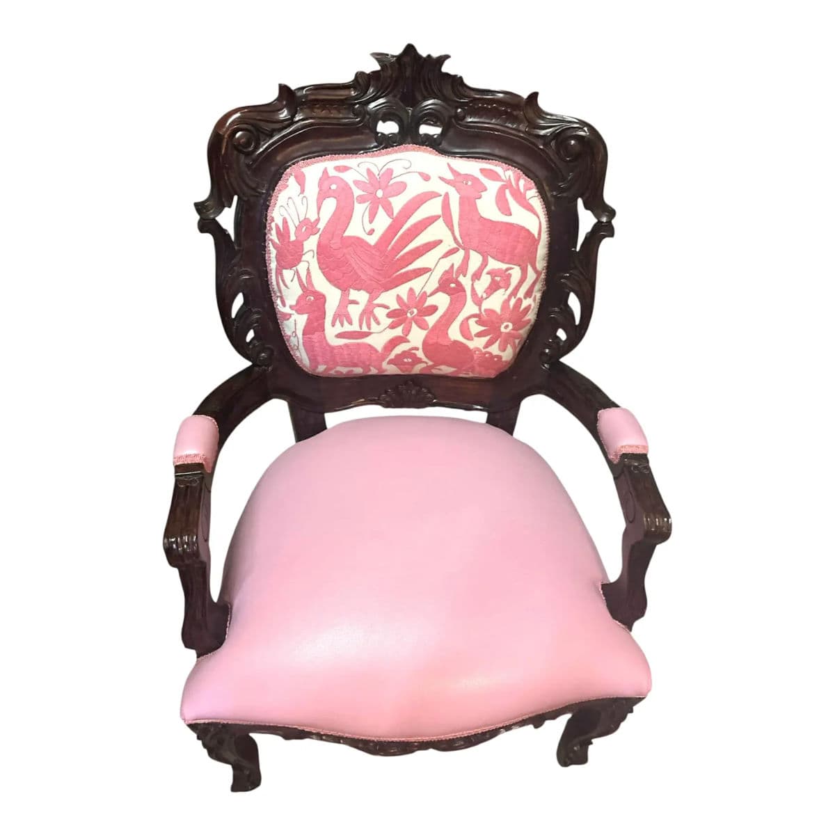 ‘Empress Carlota’ Mahogany Fauteuil - Circa 1860s With New Leather and Otomi Hand Embroidery Upholstery - Thumbnail 5