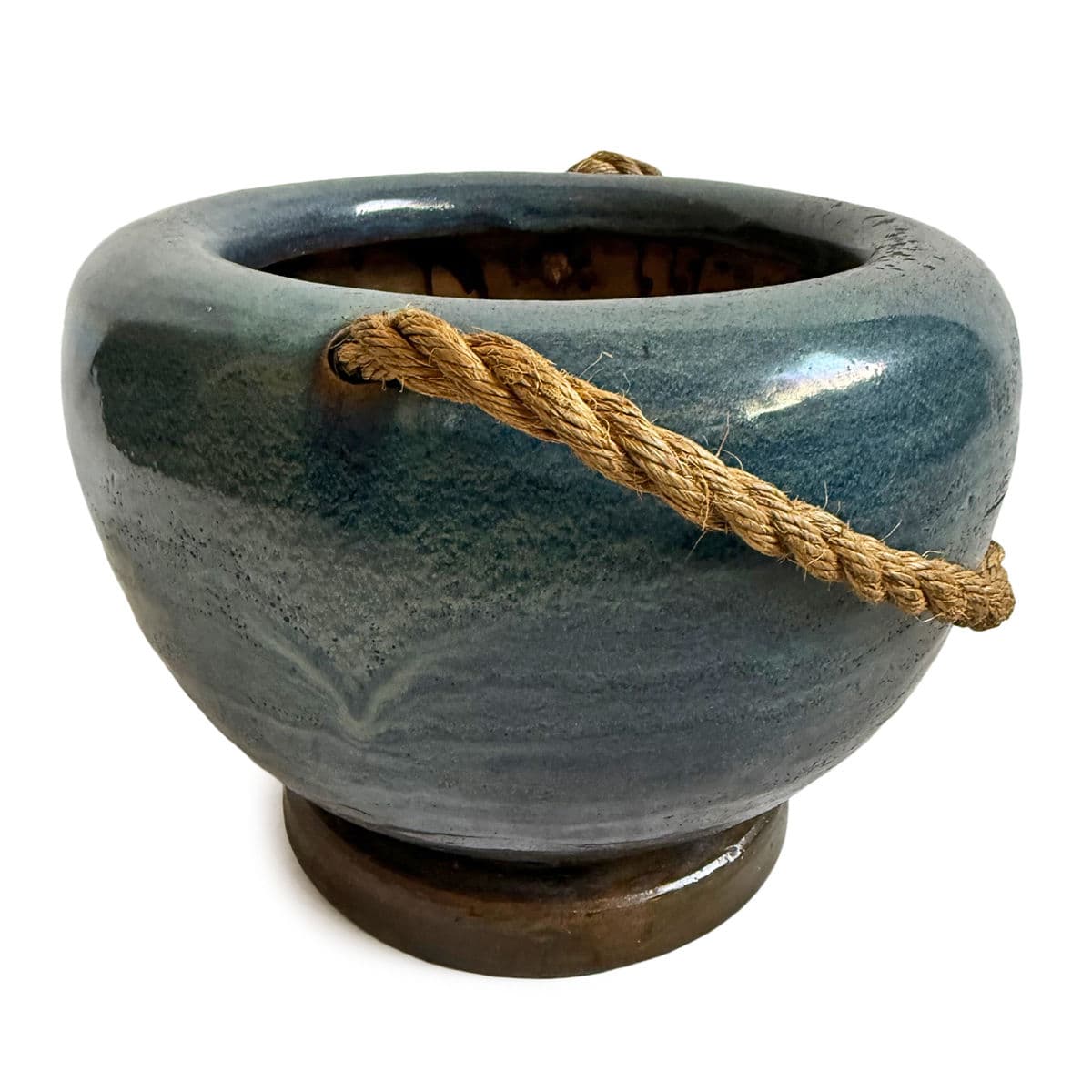Vintage Teal Blue Ceramic Rope Pot - Thumbnail 5