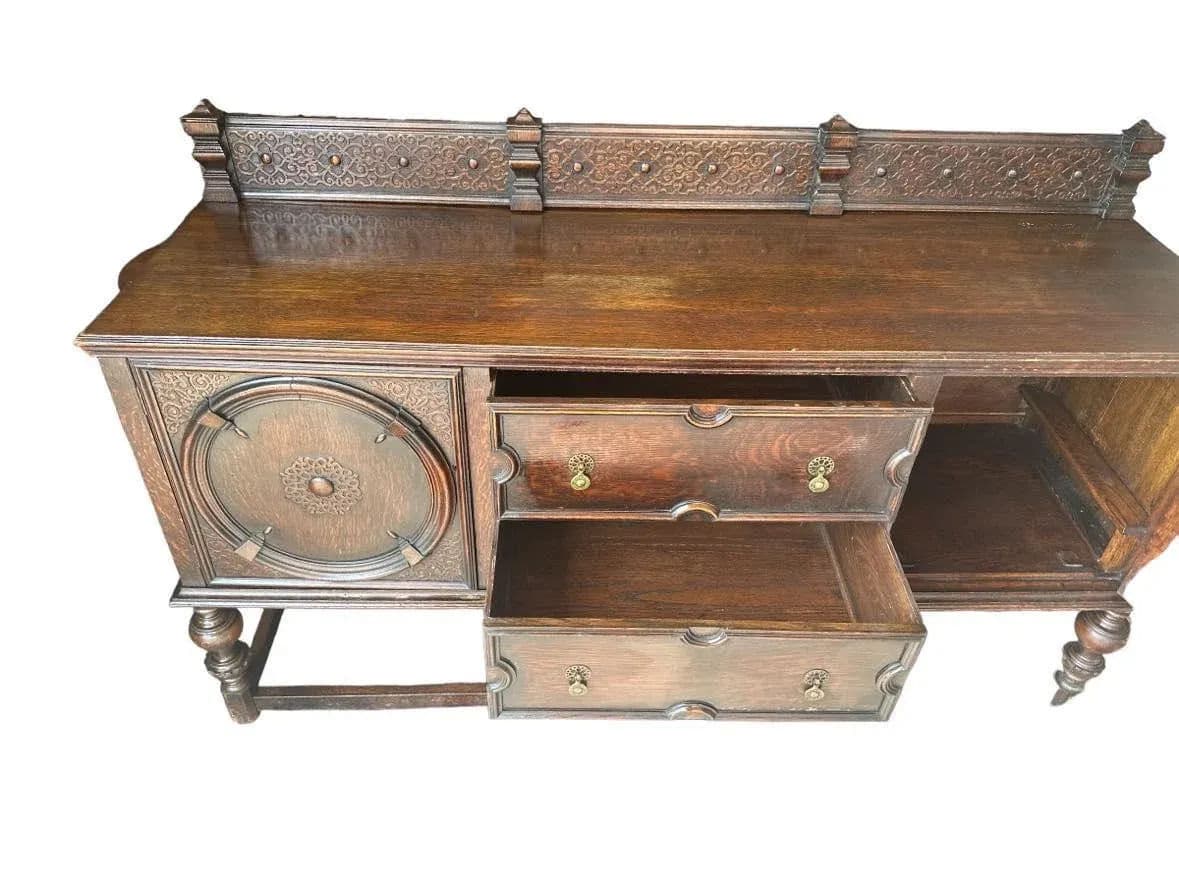 Antique 19th Century English Yorkshire Arts & Crafts Oak Sideboard or Credenza - Large 72" Wide - Thumbnail 5