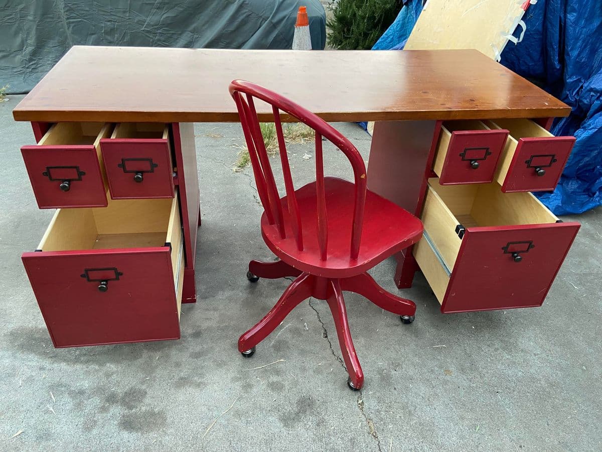 Pottery Barn Farmhouse Distressed Wood Desk and Chair - Set of 2 - Thumbnail 4